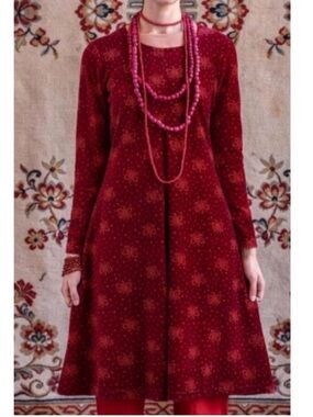 Gudrun Sjoden Velour Midi Dress Long Sleeve Front Pleat Butterflies Size XLarge